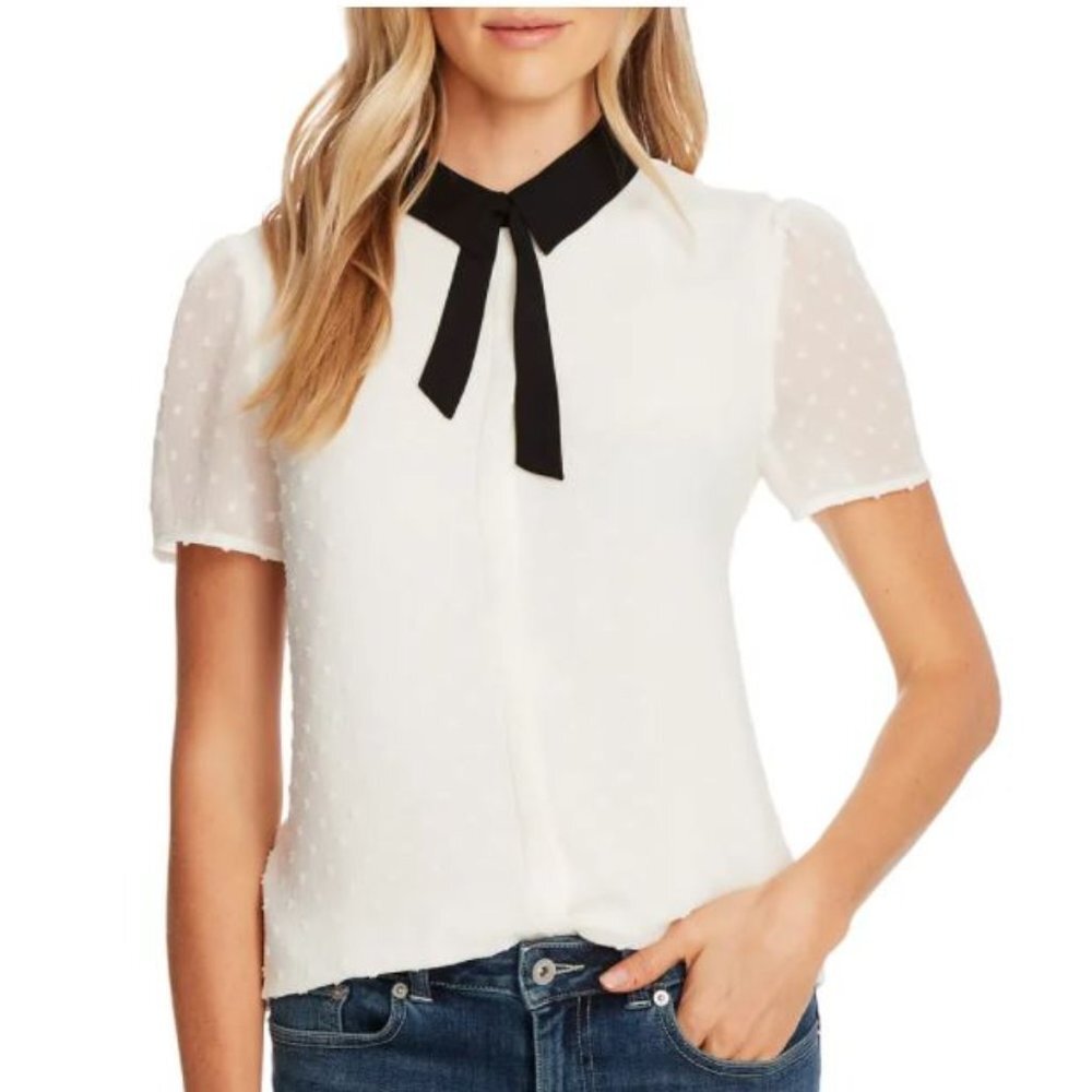 CeCe Contrast-Trim Clip-Dot Top